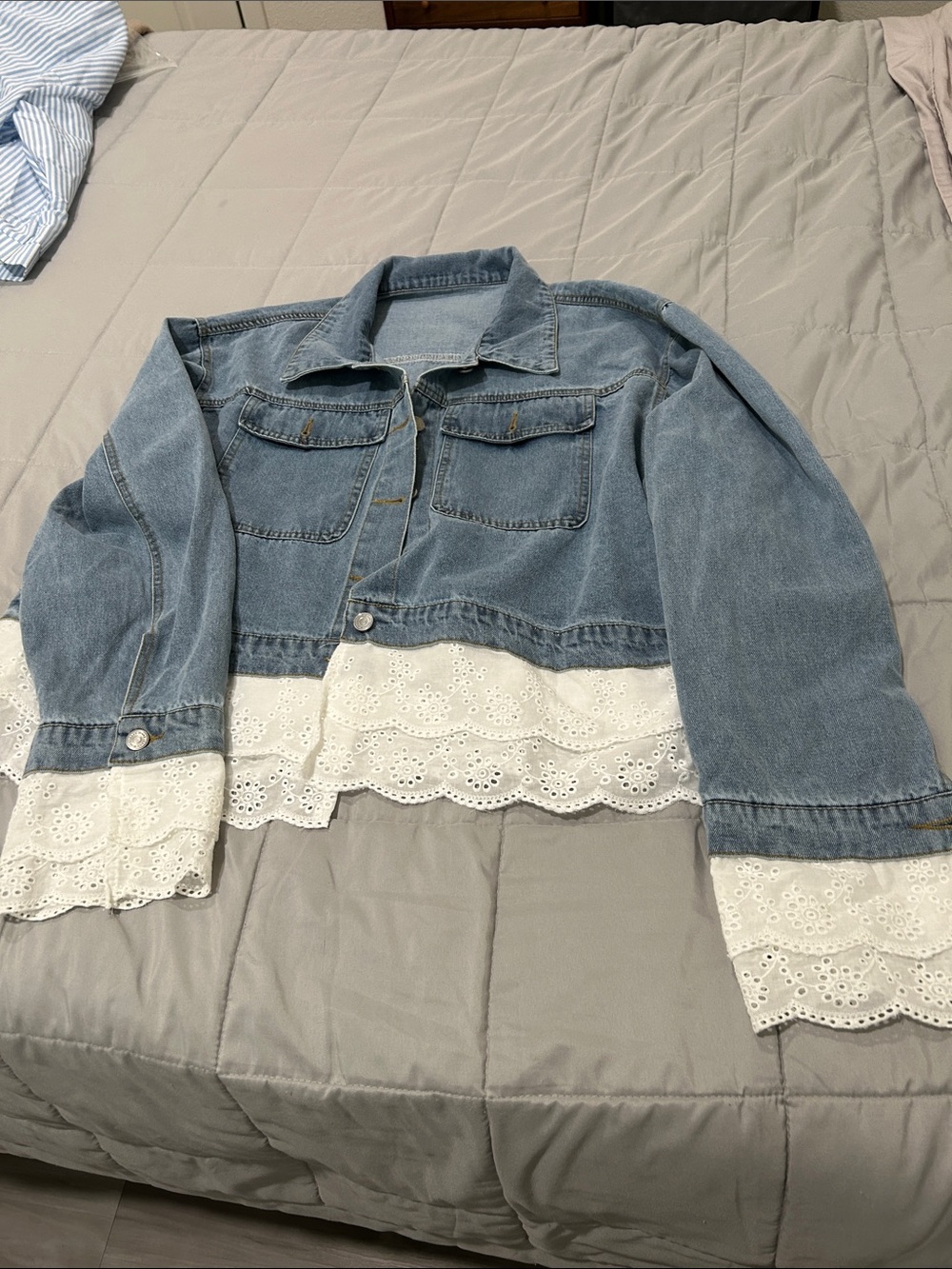 Women's Blue Denim Jacket with White Lace Trim